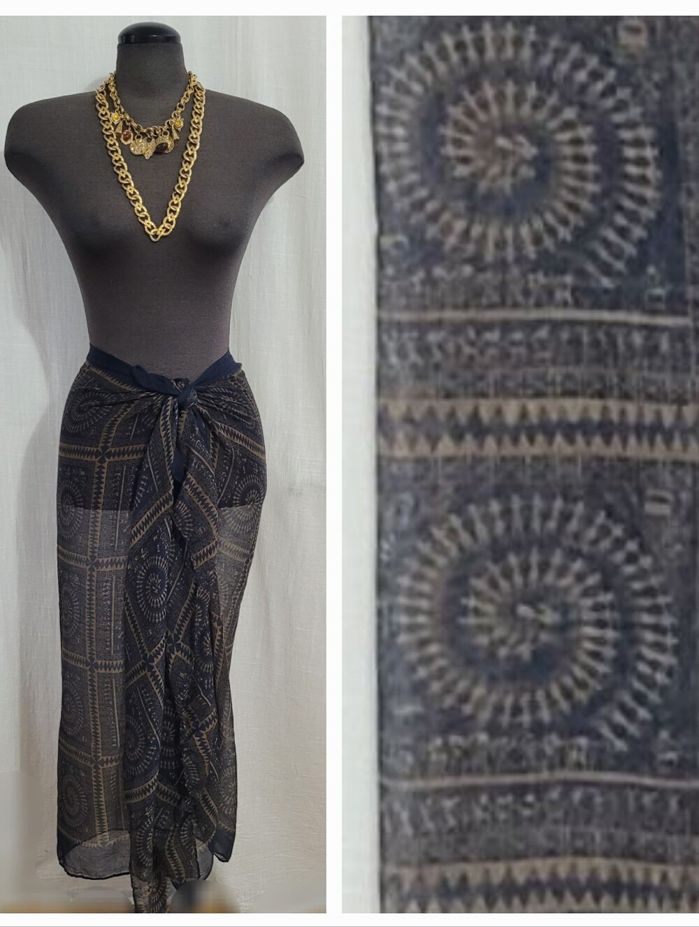 Sheer Navy & Taupe Printed Sarong / Shawl